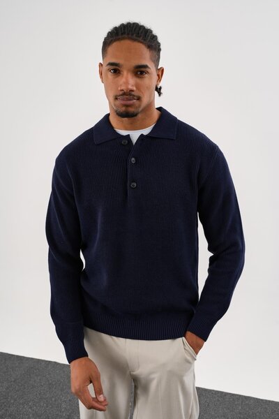 odelon Pulover pentru bărbați, din bumbac, cu guler polo, cu nasturi, albastr...