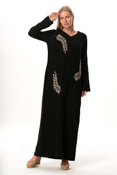 Eliş Şile Bezi Μακρυμάνικο φύλλο V λαιμόκοψη εμπριμέ μουσελίνα Μακρύ αυθεντικό καλοκαιρινό φόρεμα μαύρο-μαύρο Syh/Syh