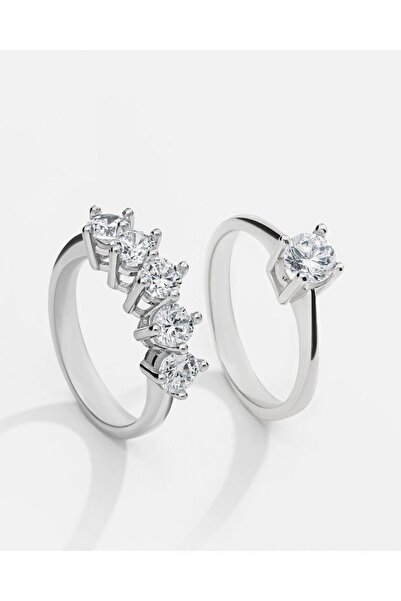 MEKS JEWELS Gümüş Tektaş Beştaş Yüzük Kombini