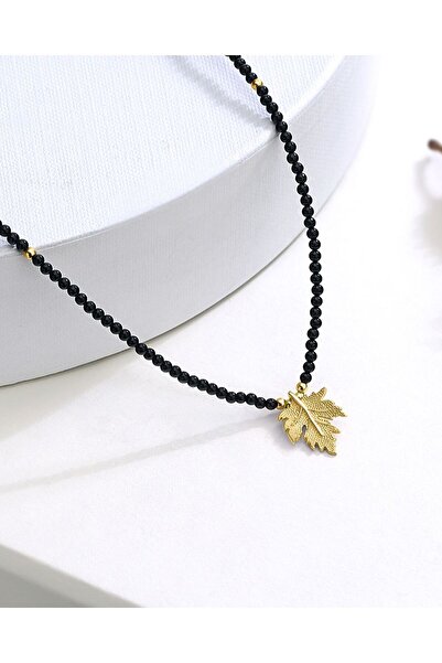 MEKS JEWELS Oniks Taşlı Gümüş Çınar Yaprağı Kolye
