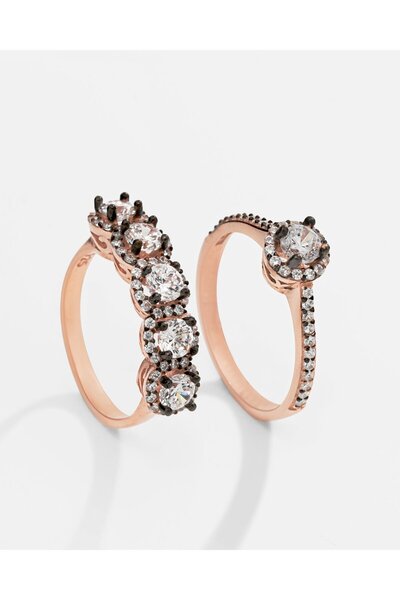 MEKS JEWELS Elmas Modeli Gümüş Tektaş Beştaş Yüzük Kombini