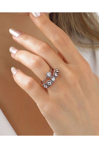 MEKS JEWELS Elmas Modeli Gümüş Tektaş Beştaş Yüzük Kombini