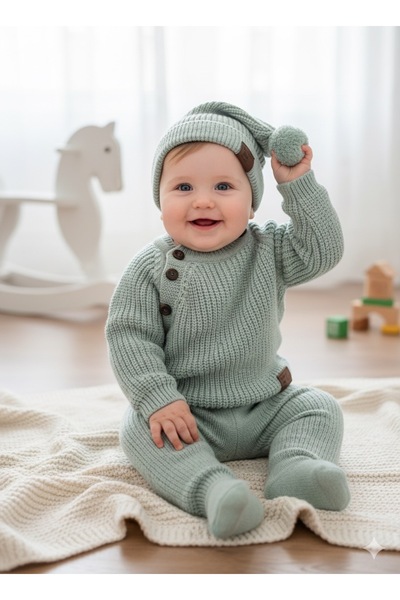 BİLGEN Style Baby Boy Knitwear Selani̇k Knitted Hat Winter 3-Piece Set