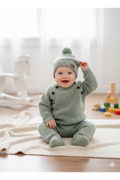 BİLGEN Style Baby Boy Knitwear Selani̇k Knitted Hat Winter 3-Piece Set