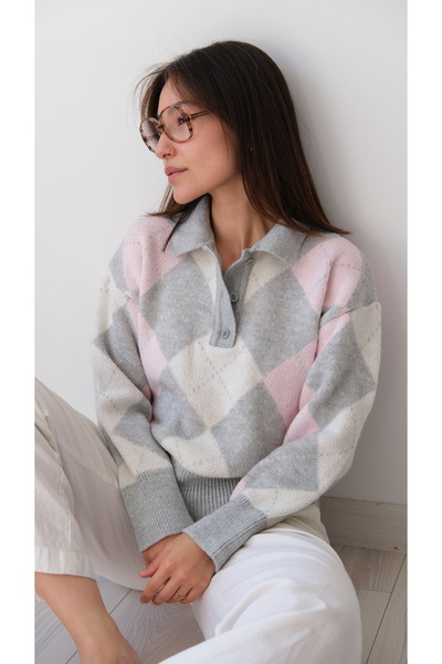 Butik Una Fiaba Pulover cu guler polo pentru femei, gri, cu textura moale, cu...