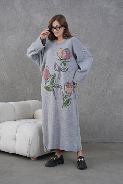 Miss Allos Women's Wide-Fit Long Knit Dress with Beading and Embroidery on th...