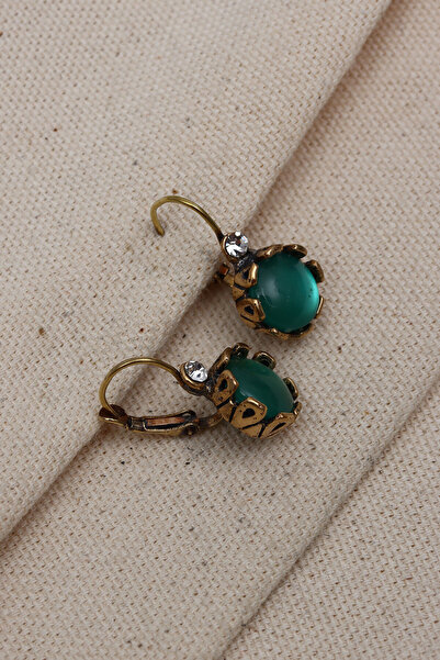 Süspüs Accessories Saydam Koyu Yeşil Taşlı Yuvarlak Otantik Küpe