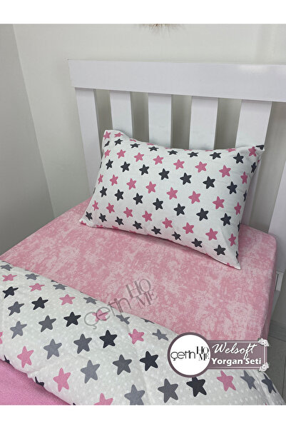 Çetinhome Single Reversible Welsoft Quilt with Pillow Case Soft Surface 155x215cm Star Pink