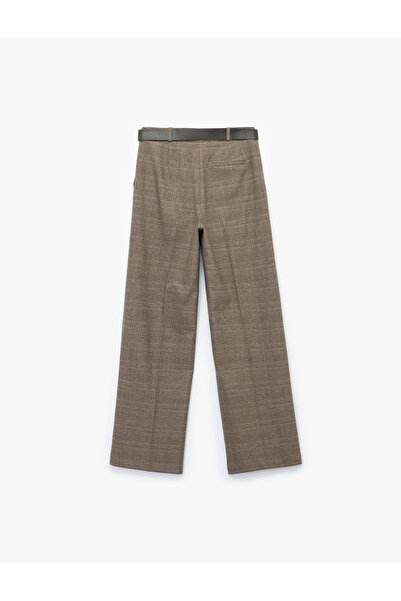 Koton Normal Bel Cepli Kemerli Düz Geniş Paça Ekose Pantolon