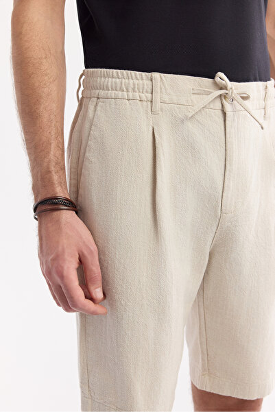 Avva Erkek Bej Beli Lastikli Keten Karışımlı Relaxed Fit Şort B003731