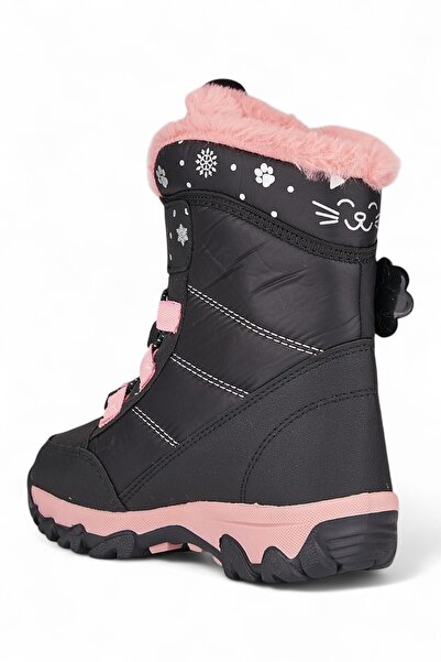 Nstil Günlük Kız Çocuk Pembe Kar Botu Cırtlı Lastik Bağcık Kürklü Desenli Kalın Tırtıklı Taban Bootie 014
