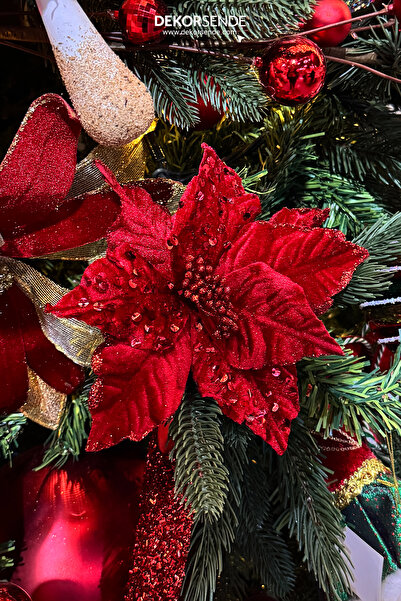 Dekorsende Perlă Ponsetia artificială din catifea cu paiete, roșie, 20 cm