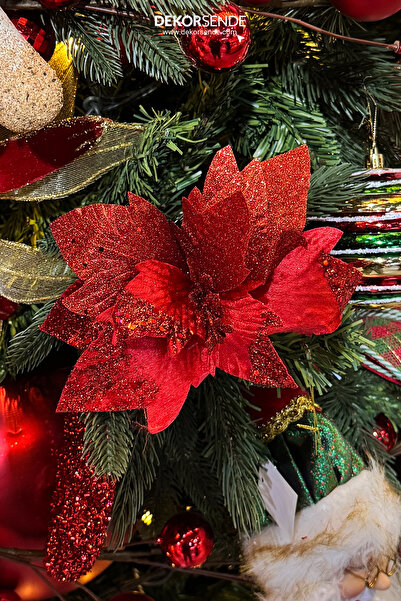 Dekorsende Ramură artificială de poinsettia cu sclipici roșu 20 cm