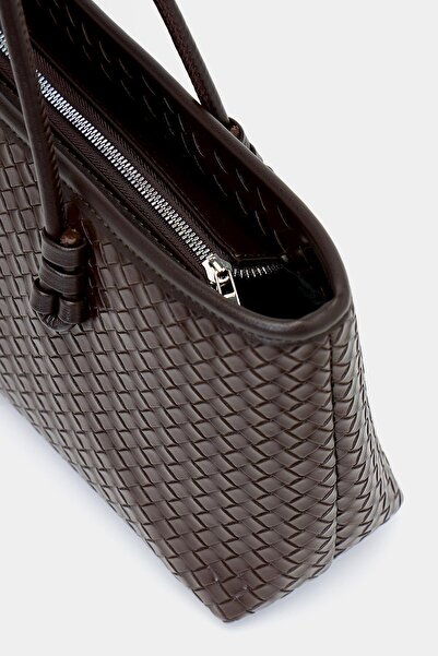 Madamra Brown Women's Knitted Pattern Pu Leather Hand and Shoulder Bag – Elegant Wide Form