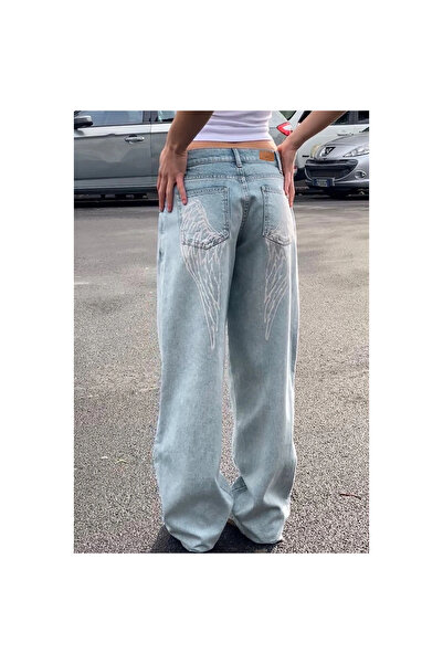 Mokşa Blugi de damă cu aripi albastre deschise Pantaloni slim din denim cu ta...