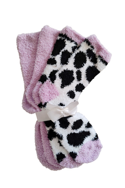 ZEYZEY MONKEY 2'li Lila İnek Desenli Peluş Kışlık Yumoş Kadın Uyku Çorap Seti (36/41 uyumludur)