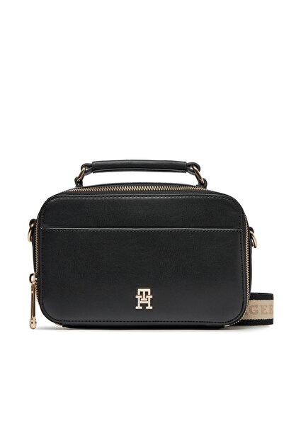 Tommy Hilfiger Women's Leather Brand Logo Zippered Daily Use Black Shoulder Bag AW0AW15689-BDS