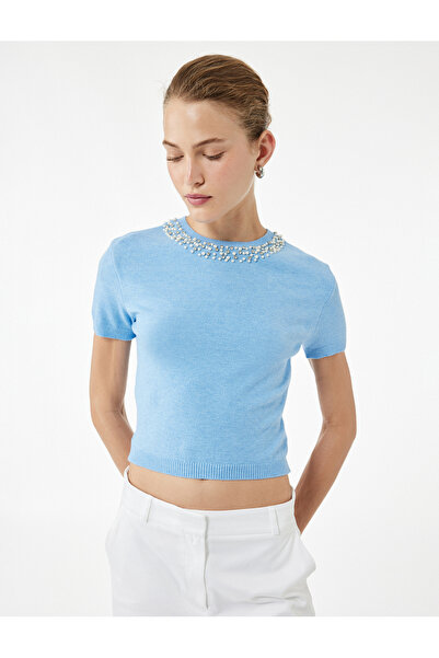 Koton Pulover din tricot cu mânecă scurtă, amestec de viscoză, cu detalii de mărgele