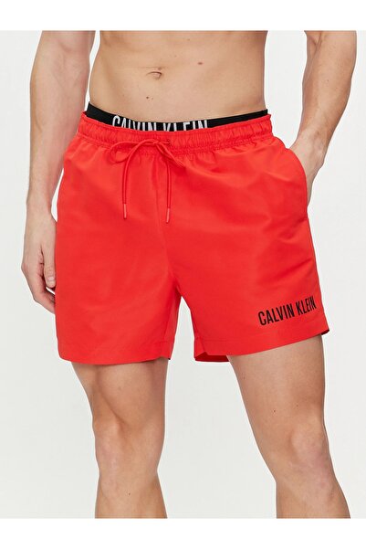 Calvin Klein Men's Brand Logo Quick Drying Polyster Suitable for Beach and Sea Use Red-Black