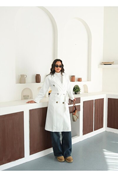 MyLook Kadın Uzun Trençkot Beyaz, Çift Düğme, Şal Yaka, Cepli