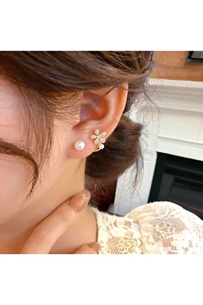 toptanhanem Çelik Yonca Küpe, İnci Detay Zirkon Taşlı Altın Kaplama