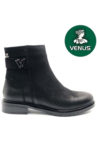 Venüs Kadın Hakiki Deri Tokalı Kısa Fermuarlı Bot 20745K - Siyah - 36