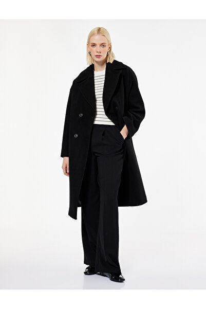 Koton Long Sleeve Buttoned Double Breasted Long Cashmere Coat with Pockets