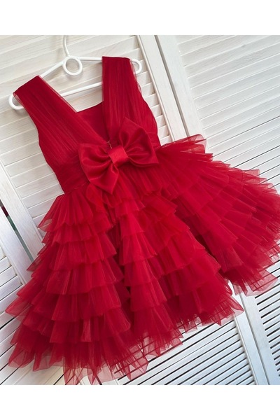 Asel Kids Kız Çocuk Kırmızı Tül Tasarım Elbise
