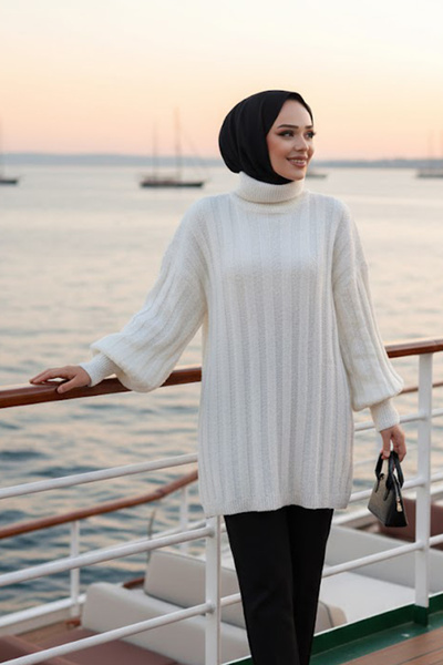 N.S NEVA STYLE Ecru Hijab Knitwear Sweater Tunic 27502E
