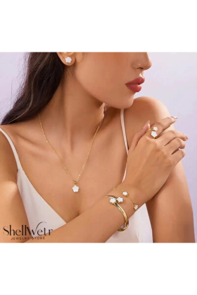 shellwetr Lisa altın renk beyaz taşlı kadın kolye bileklik çelik kadın set