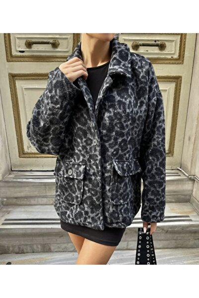 cadsy Leopard Patterned Cashmere Fabric Coat Gray