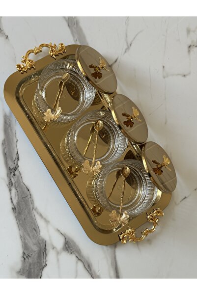 Melinda Gold Butterfly Figured Glass Bowl with Removable Handle Detail, Breakfast Jam Bowl, Snack Bowl Set