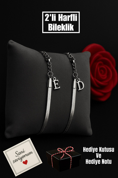 ruvelu Kararmaz Çelik 2’li Harfli Italyan Arkadaş, Sevgili, Çift Bilekliği Paslanmaz Gümüş Renk