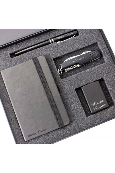 Kalemedair Kişiye Özel Cep Defteri Metal Çakmak Çakı ve Roller Kalem Seti Siyah