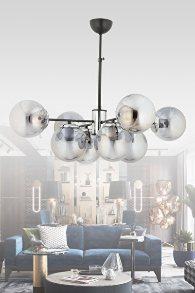 avimonaydınlatma İBİZA 8'Lİ FÜME GLOB CAMLI MODERN SARKIT AVİZE OTURMA ODASI SALON ANTRE