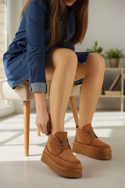 Cochines Κοντές γυναικείες μπότες Tan Suede - Φούτερ μέσα, χοντρή σόλα και κορδόνια