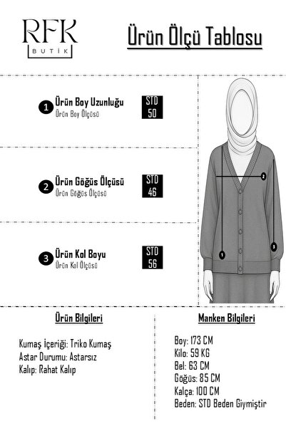 RFK Butik Women's Skirt Top Button Detailed Striped Knitwear Hijab Cardigan - Khaki