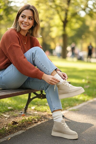 Cochines Kadın Bağcıklı Model Kalın Tabanlı İçi Tüylü Yünlü Süet Yüksek Topuklu Bej Bot