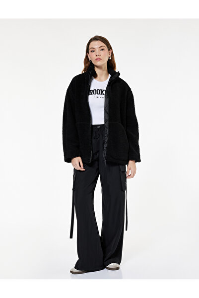 Koton Long Sleeve Pocket Zipper Stand Collar Oversize Plush Coat