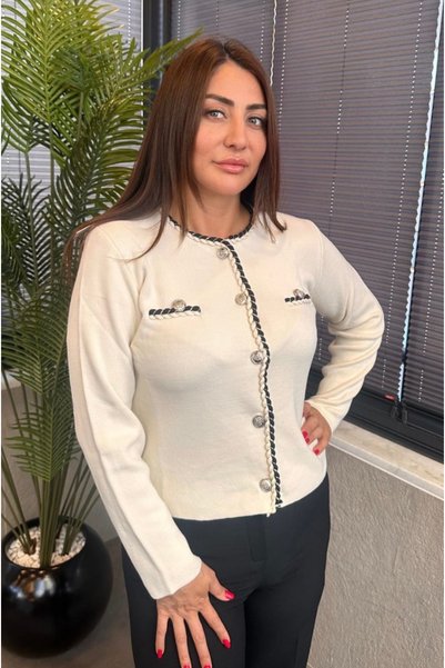 MİR STORE Auger Stripe Special Processing Button Stone Color Cardigan