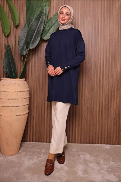 TRENDTESETTÜR ЖІНОЧА СИНЯ ТУНІКА З ДЕТАЛЬЮ У ВИГЛЯДІ ГУДЗИЧКІВ T 5007