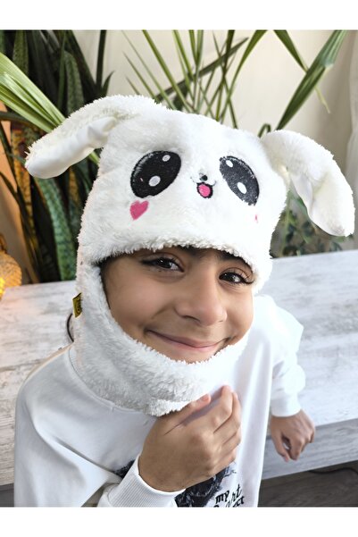 Şimo Butik Girls Boys Unisex Self-Necked Beanie with Plush Figure Soft Ear Protection White