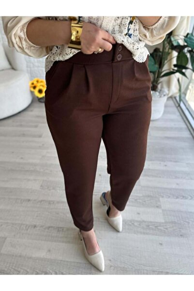 Club Floral Fashıon Kadın Çift Düğme Pileli Havuç Kalıp Full Likra Günlük Kahverengi Pantolon