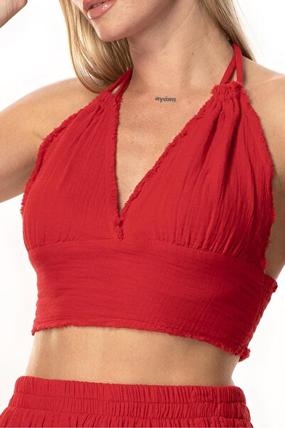 Eliş Şile Bezi Summer Muslin Bustier with Goose Tie Detail Red Krmz