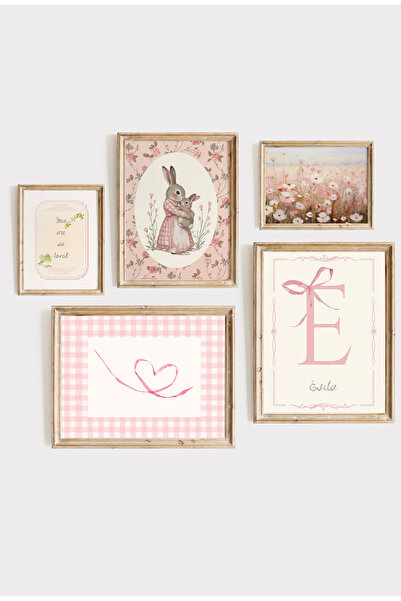 Kids Vintage Pembe Çerçeveli 5'li Kız Çocuk Odası Poster Seti