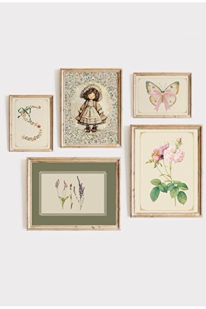 Kids Vintage Çiçekler ve Masal Dokunuşu Çerçeveli 5'li Set