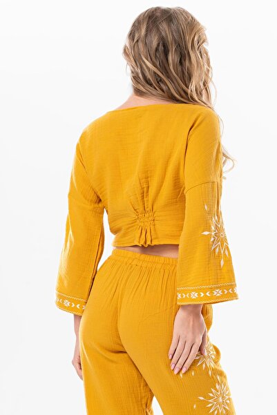 Eliş Şile Bezi Mustard Colored Muslin Summer Blouse - Long Sleeve and Gather Detail