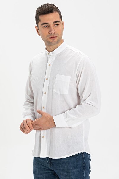 Eliş Şile Bezi Довгорукавна сорочка з коміром-стійкою та однією кишенею, чоловіча літня сорочка, біла 3001