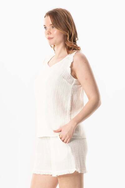 Eliş Şile Bezi Αμάνικο βολάν Λεπτομερής Duru Οβάλ Γιακά Μουσελίνα Καλοκαιρινή Μπλούζα Off White KrkByz