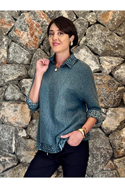 Punta Otantik Nc 516029   Italian Leopard Print Scarf Men's Lapel Sweater Petrol